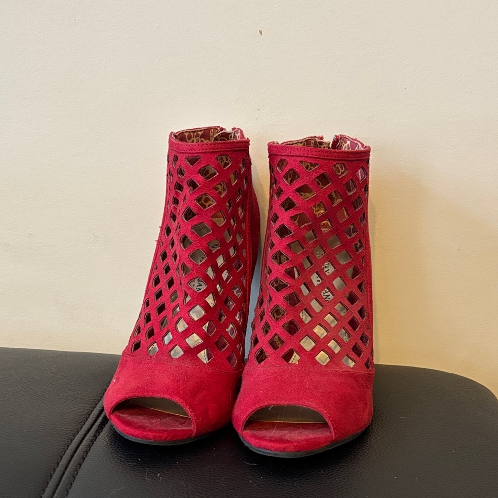 Red Peep-Toe Cutout Ankle Boots